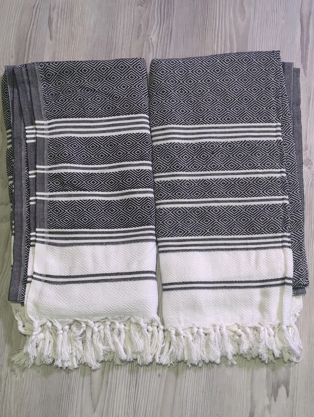 Turkish Peshtemal Style Towel Set 2 Bath Towels & Hand Towel Gray White Fringe B